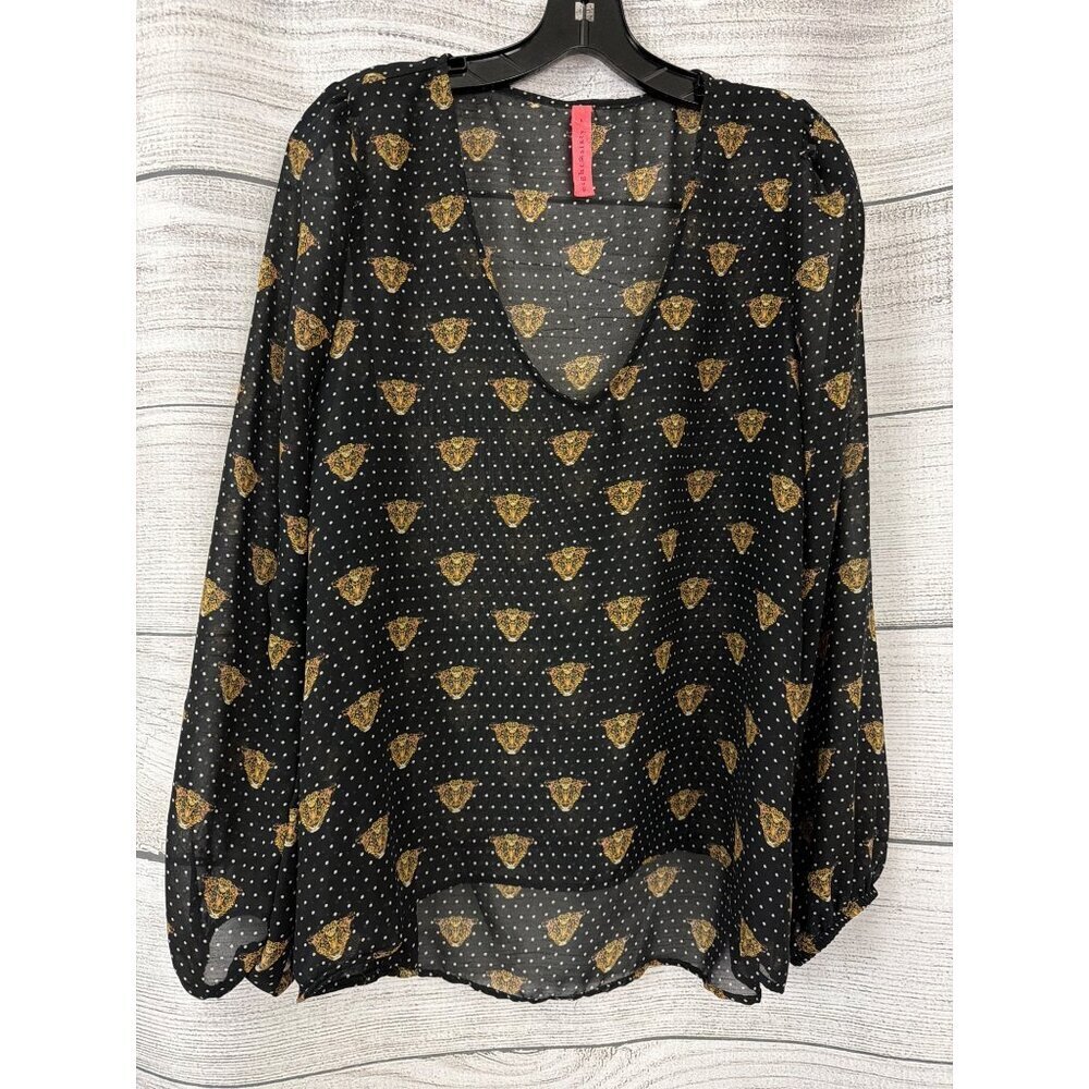 Eight Sixty Black Sheer Blouse With Leopard & Polka Dot Size L